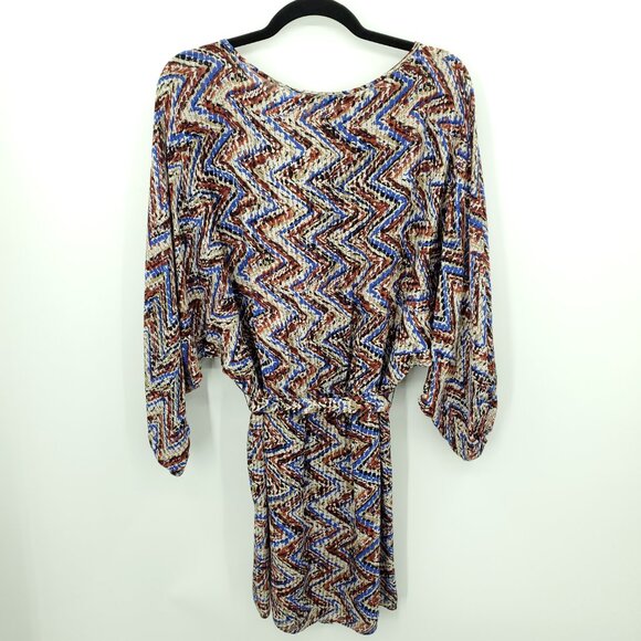 Parker 100% Silk Geometric Printed Balloon Sleeve Mini Dress Batwing Sz M Multi - Picture 2 of 15